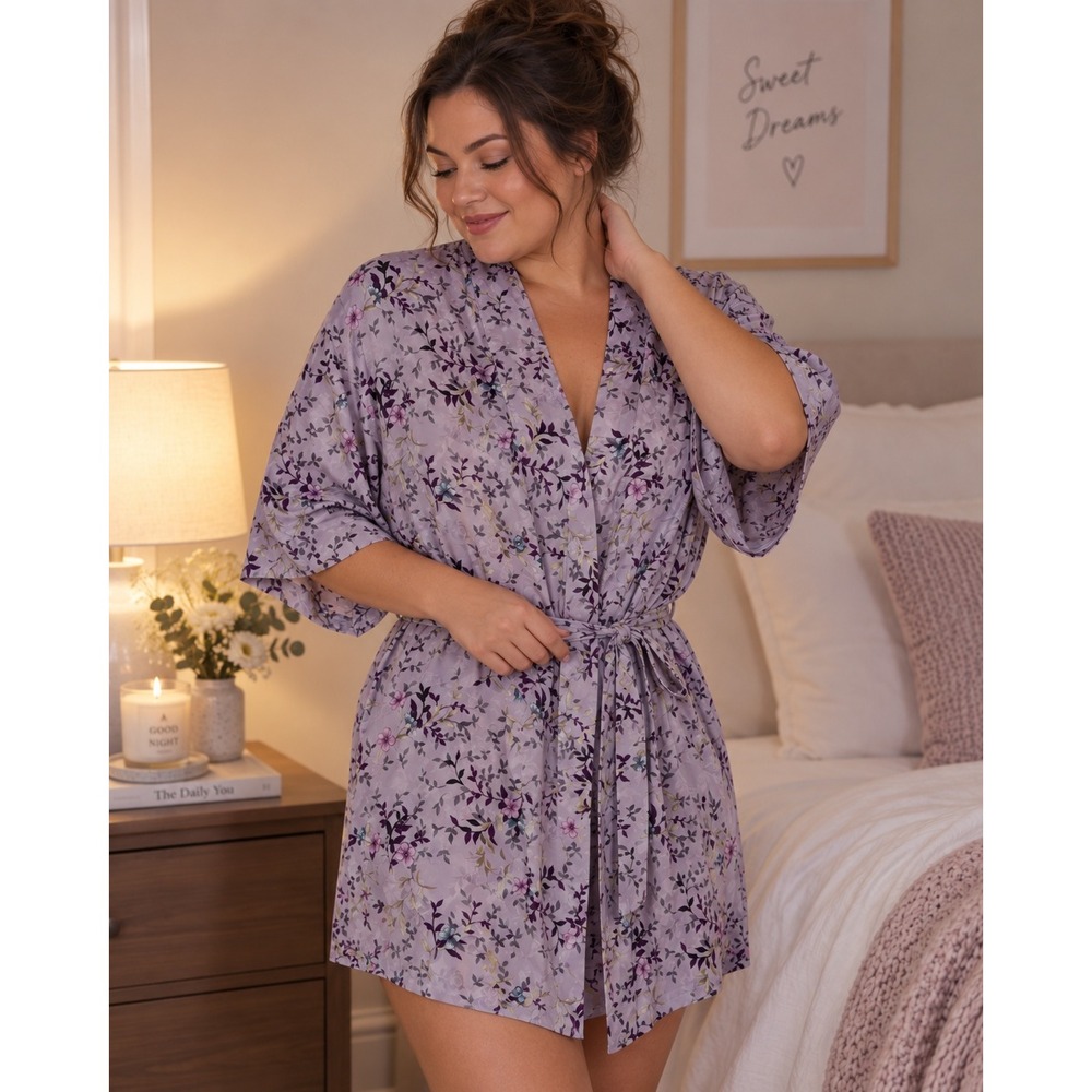 August Silk Intimates 100% Silk Floral Robe Lavender Purple Jacquard Large